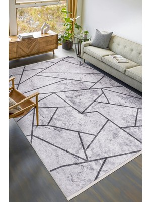 Gri Geometrik Desenli Yıkanabilir Halı