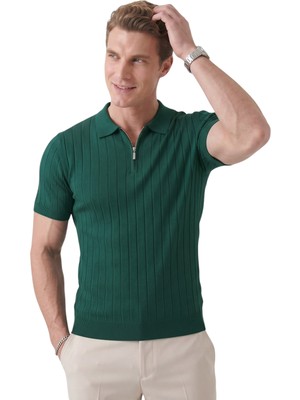 Deepsea Erkek Yeşil Polo Yaka Fermuarlı Çizgi Dokulu Regular Fit Likralı Triko Tişört 2608008