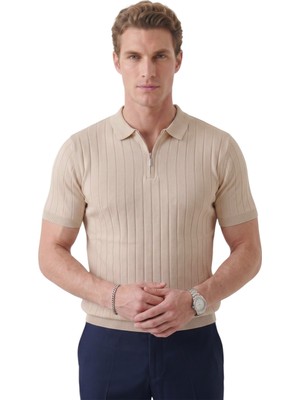 Deepsea Erkek Bej Polo Yaka Fermuarlı Çizgi Dokulu Regular Fit Likralı Triko Tişört 2608008