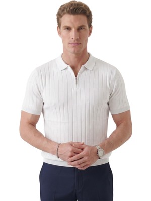 Rizzup Erkek Beyaz Polo Yaka Fermuarlı Çizgi Dokulu Regular Fit Likralı Triko Tişört 2608008