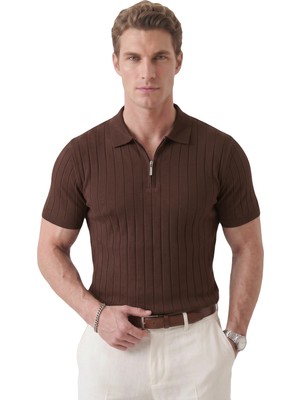 Deepsea Erkek Kahve Polo Yaka Fermuarlı Çizgi Dokulu Regular Fit Likralı Triko Tişört 2608008