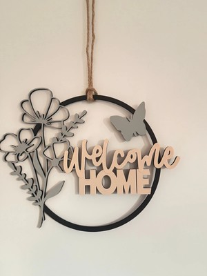 DU&ER Kapı & Duvar “welcome Home” Dekoratif Yazı – Çiçek & Kelebekli Hoş Geldiniz Aksesuarı