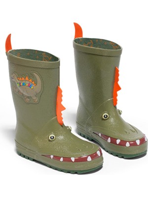 Panço Kidorable Dinozor Desenli Erkek Bebek Yağmur Çizmesi Haki Renk Su Geçirmez Özellikli