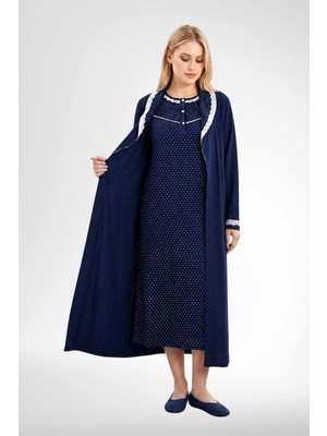Mecit Pijama Mecit 6392 Lacivert %100 Pamuk Büyük Beden Kadın Uzun Sabahlıklı Gecelik Takım