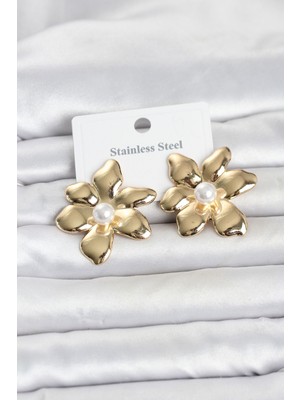 Clariss 316L Çelik Gold Renk Incili Lotus Model Kadın Küpe
