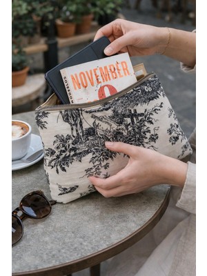 Fiorbag El Yapımı Mavi Toile De Jouy Desenli 11 Inç Tablet Çantası Gündelik Çanta Kadın Çantası