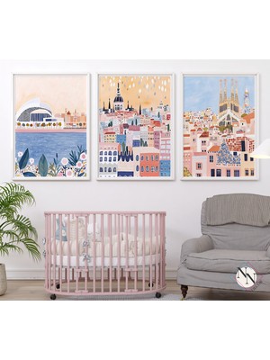 Nn Decor Minimalist Suluboya Tarzı Şehirler - Barcelona, Madrid, Valencia - Doğal Ahşap Çerçeveli Tablo Seti