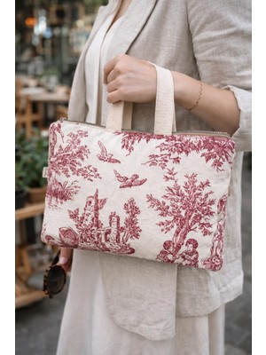 Fiorbag El Yapımı Mavi Toile De Jouy Desenli Kadın Çantası 11 Inç Tablet İçin Yumuşak Kumaş