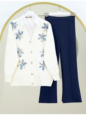 Moda Morfo V Yaka Organze Tül Çiçek Nakışlı Triko Hırka -Indigo