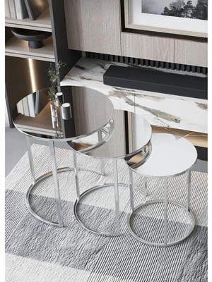 Mervish Decor Gümüş Metal Aynalı 3’lü C Zigon Sehpa Takımı – Modern Yuvarlak Tasarım Dekoratif Yan Sehpa Seti