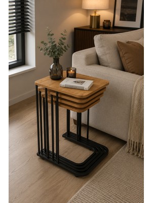 Mervish Decor 4’lü Tekerlekli Siyah Metal Çam Desenli Zigon Sehpa & Yan Sehpa Takımı – Modern Dekoratif C Sehpa Seti