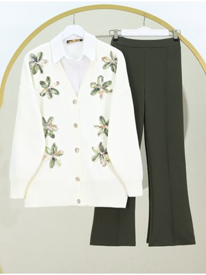 Moda Morfo V Yaka Organze Tül Çiçek Nakışlı Triko Hırka -Haki