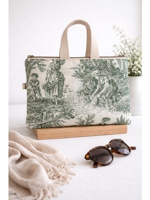 Fiorbag El Yapımı Mavi Toile De Jouy Desenli 11 Inç Tablet Çantası Gündelik Çanta Kadın Çantası