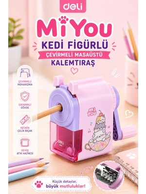 Deli E0641 Miyou Kedi Figürlü Çevirmeli Masaüstü Kalemtıraş