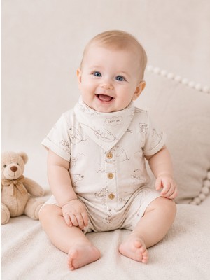 Ozz Baby Bebek Tulum ( 6/12/18 ay ) lucky day baskılı düğmeli müslin yenidoğan erkek bebek tulum, fular takım
