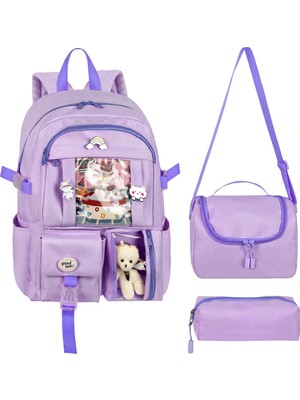 Lila Kore Kawaii Tarzı Okul Sırt Çantası,günlük Sırt Çantası Termal Beslenme Çantası ve Kalemlik