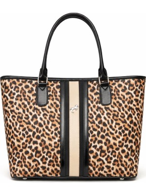 Zerva Queen Miami Polo Kadın Leopar Desenli Omuz Çantası Şerit Detaylı Şık Günlük Tote Çanta