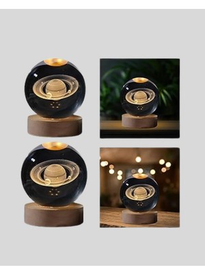 Satürn Desenli Kristal Küre LED Gece Lambası Ahşap Standlı