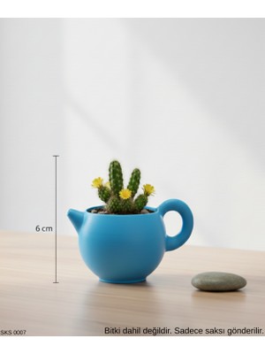 Mavi Çaydanlık Seklinde Mini Dekoratif Saksı 6 cm Masa Üstü Ofis Dekoru