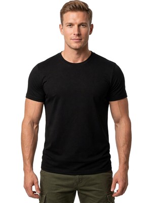 RizzUP Erkek Siyah Slim Fit %90 Pamuk Likralı Yumuşak Dokulu Basic Tişört 1801131