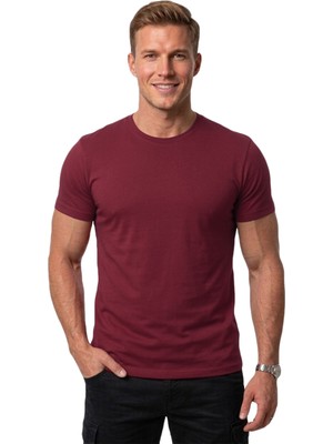 DeepSEA Erkek Bordo Slim Fit %90 Pamuk Likralı Yumuşak Dokulu Basic Tişört 1801131