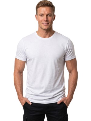 DeepSEA Erkek Beyaz Slim Fit %90 Pamuk Likralı Yumuşak Dokulu Basic Tişört 1801131