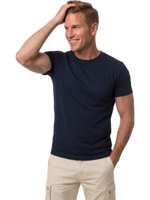 DeepSEA Erkek Lacivert Slim Fit %90 Pamuk Likralı Yumuşak Dokulu Basic Tişört 1801131