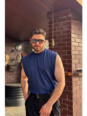 Guaraz Erkek Lacivert Basketci Sıfır Kol Bisiklet Yaka Oversıze %100 Pamuk Kolsuz Kejıl T-Shirt