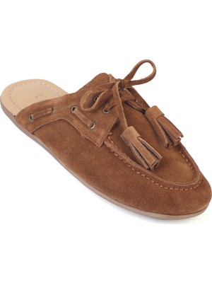Capone Outfitters Shellie Hakiki Deri Süet Bağcıklı Boncuklu Konfor Kadın Loafer Kapalı Burunlu Terlik