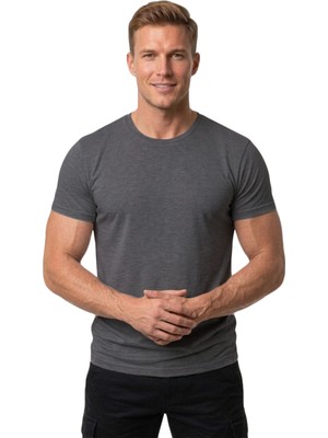 Rizzup Erkek Antrasit Slim Fit %90 Pamuk Likralı Yumuşak Dokulu Basic Tişört 1801131