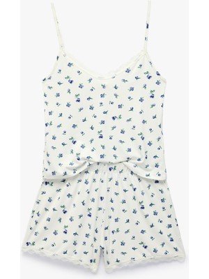 Koton Dantel Detaylı V Yaka Kolsuz Çiçekli Pijama Takımı