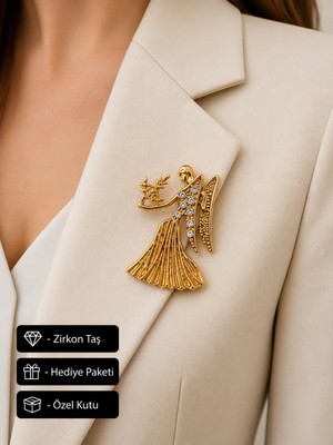 Herşey Nota Hediye Melek Kanatlı Başak Burç Kadın Broşu Zirkon Taş Detaylı Gold Rozet