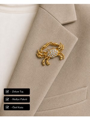 Herşey Nota Hediye Yengeç Burcu Kadın Broş Gold Renk Zirkon Taşlı Rozet