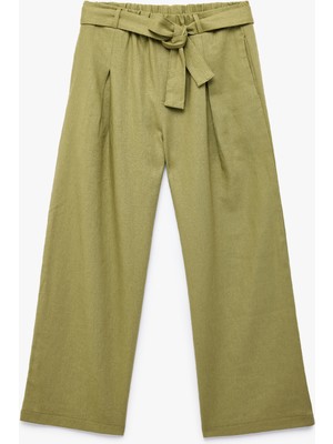 Koton Beli Bağlamalı Keten ve Viskon Karışımlı Geniş Paça Pantolon