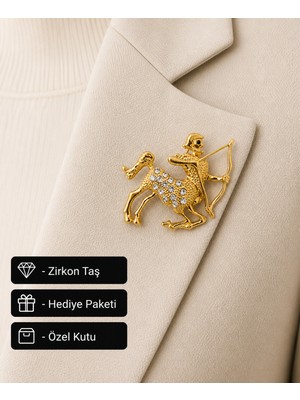 Herşey Nota Hediye Yay Burcu Kadın Broş Gold Renk Zirkon Taşlı Burç Rozeti