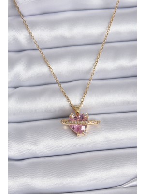Negok 316L Çelik Gold Renk Zincir Pembe Kristal Kalp Model Zirkon Taş Detay Kadın Kolye