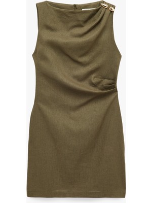 Koton Keten Karışımlı Slim Fit Drapeli Yuvarlak Yaka Metal Aksesuarlı Kolsuz Mini Elbise