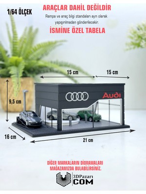 3dpazarıcom 3D Baskı 1/64 Ölçekli Siyah Renk Audi Showroom Tasarımlı Diorama Araç Sergileme Garajı