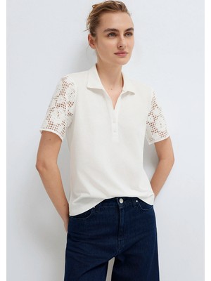 Mavi Dantel Detaylı Ekru Polo Tişört 1613938-70057