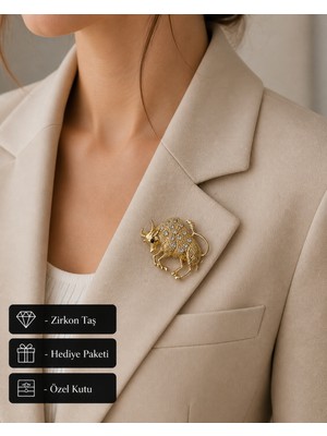 Herşey Nota Boğa Burcu Kadın Broş Gold Renk Zirkon Taşlı Metal Rozet Hediye
