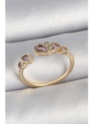 Negok Pirinç Gold Renk Pembe Damla Zirkon Taşlı Ayarlanabilir Kadın Yüzük