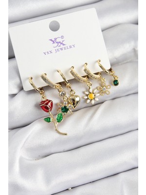 Negok Pirinç Zirkon Taşlı Gül ve Papatya Model Gold Renk 3&AMP;#39LÜ Çift Kadın Küpe