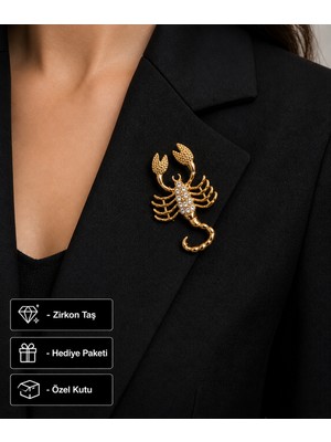Herşey Nota Hediye Akrep Burcu Kadın Broş Gold Renk Zirkon Taşlı Şık Yaka Aksesuarı
