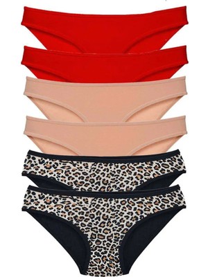Nemere 6 Adet Likralı Kadın Slip Külot Leopar Kırmızı Ten