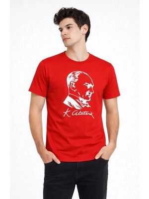 Beruflic Erkek Atatürk Baskılı Tişört Kısa Kollu Bisiklet Yaka T-Shirt - Kırmızı
