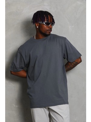 Beruflic Erkek Düz Yazlık Kısa Kol Tişört Bisiklet Yaka Oversize T-Shirt - Füme