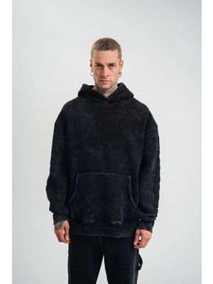 Nemere Uzun Kol Kapşonlu Yıkamalı Nakışlı Sweatshirt - Siyah