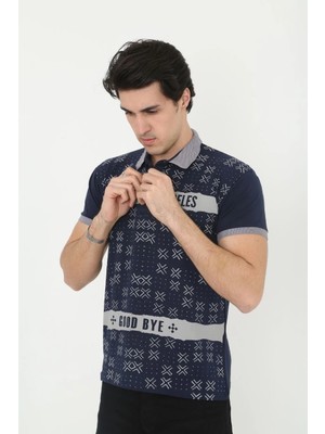 Nemere Yakalı Slim Fit Baskılı T-Shirt - Lacivert