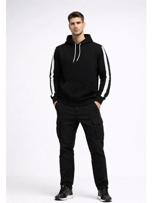 Beruflic Erkek Şeritli Kapüşonlu Sweatshirt Oversize 3 Iplik Pamuklu Hoodie - Siyah
