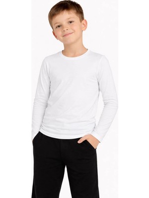 Beruflic Erkek Çocuk Basic Uzun Kollu Tişört Okul Günlük Rahat T-Shirt - Beyaz